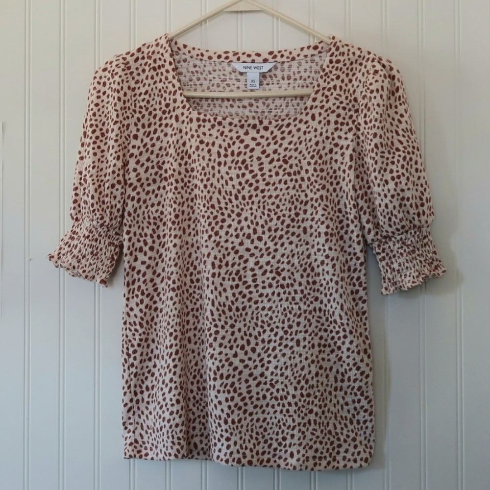 Nine West Giraffe Animal Print Top Smock Sleeve Square Collar Women's M Strechy